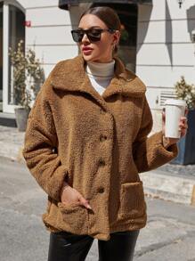 EURMUSE Dual Pocket Drop Shoulder Teddy Coat - Khaki - View 4