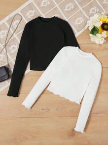 EURMUSE 2pcs Round Neck Solid Color Long Sleeve T-Shirt With Lettuce Trim - Multicolor - View 1