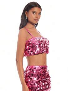 SHEIN BAE Áo crop top đính sequin Giáng sinh - Màu Hồng Tươi - Xem 5