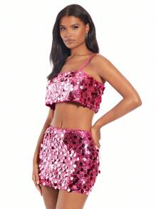 SHEIN BAE Christmas Sequin Bodycon Skirt - Hot Pink - View 2
