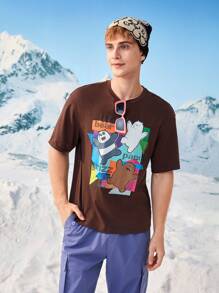 We Bare Bears X SHEIN Không giới tính Đồ họa Hoạt hình Áo thun Thả vai - màu nâu - Xem 4