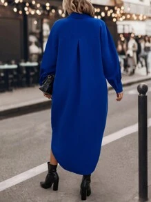 SHEIN LUNE 大碼落肩袖弧形下擺襯衫洋裝 - 寶藍色 - 查看 2