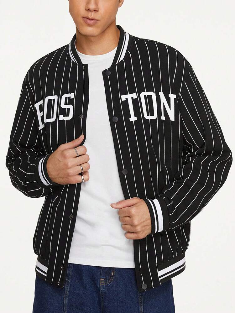 Extra Loose Men Striped & Letter Graphic Bomber Jacket, For Fall Winter
