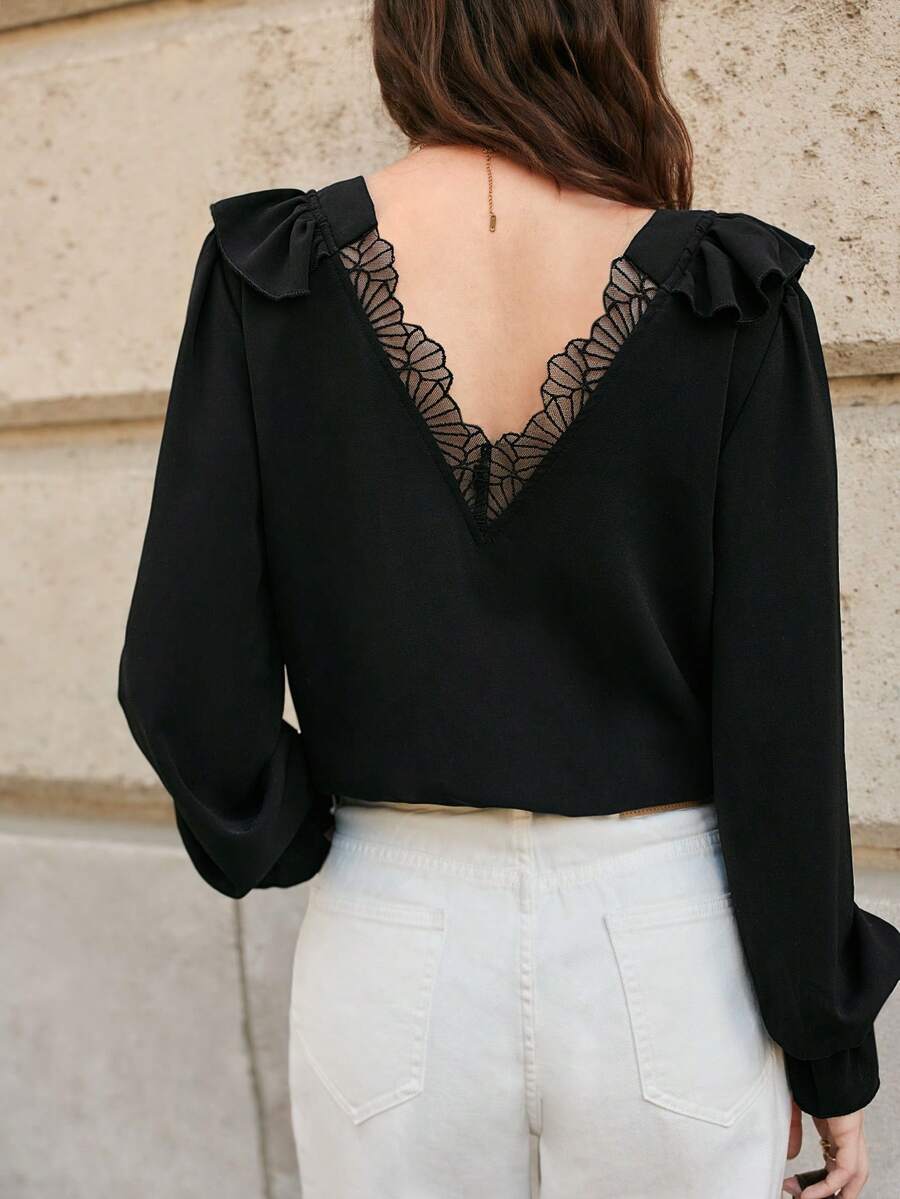 SHEIN Frenchy Ren tương phản Viền Ruffle Tay áo loe Áo sơ mi - màu đen - Xem 1