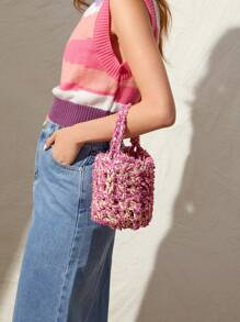 SHEIN VCAY Women's Fashionable Color Block Woven Handbag - Pink - View 8