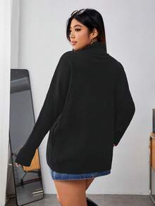 SHEIN EZwear 大碼心&字母圖案高領落肩袖套頭毛衣 - 黑色 - 查看 2