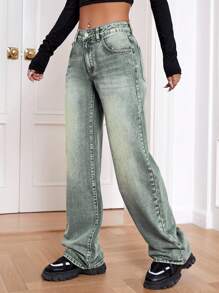 SHEIN EZwear Bolso Inclinado Perna Larga Jeans - Verde - Ver 3