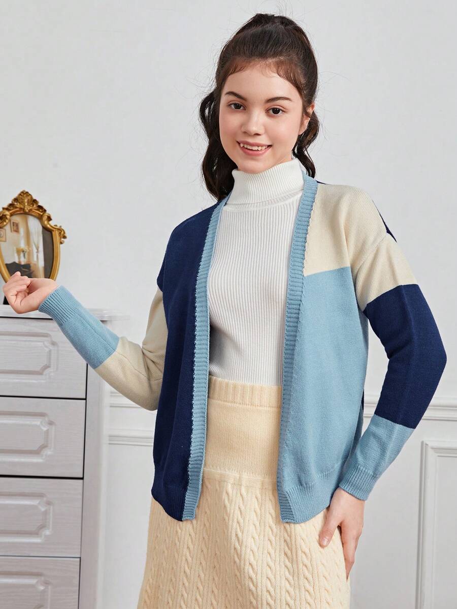 青少年女孩拼色落肩防塵開衫 - 藍色 - 查看 1