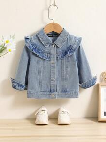 女嬰荷葉邊牛仔夾克 - 中等水洗藍 - 查看 1