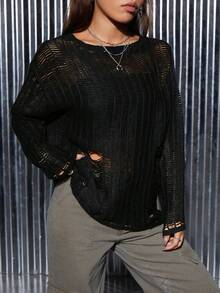 SHEIN PETITE 素色破洞落肩袖套頭毛衣 - 黑色 - 查看 3