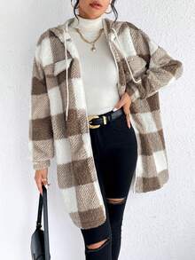 SHEIN Frenchy 大方格圖案落肩袖抽繩連帽絨毛外套 - 卡其色 - 查看 4