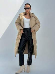 DAZY Zip Up Hooded Padded Coat For Winter, Winter Women Clothes, Padded Coat Women - Khaki - View 3