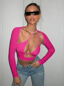 SHEIN ICON Cut Out Front Crop Top - Hot Pink - View 1