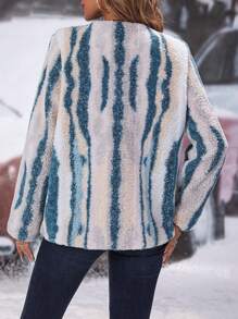 SHEIN LUNE Graphic Print Open Front Fuzzy Coat Fall Cloth For Women - Blue - View 2