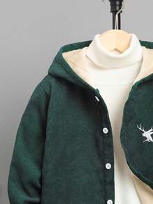 SHEIN Tween Boy 1 件麋鹿印花保暖襯裡連帽保暖襯裡燈芯絨聖誕襯衫 - 綠色 - 查看 3