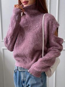 DAZY Cổ cao Cắt ra Thả vai Áo len - Màu Lilac Tím - Xem 1