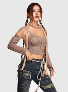 ROMWE Grunge Punk Solid Ripped Crop Cami Knit Top With Arm Sleeves - Khaki - View 5