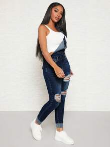 SHEIN SXY 破洞卷邊牛仔背帶褲 - 藏蓝色 - 查看 5