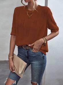 SHEIN Essnce Solid Pointelle Knit Top - Rust Brown - View 6