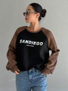 DAZY Sudadera con estampado de letra de manga raglán de dos tonos - Negro - Ver 4