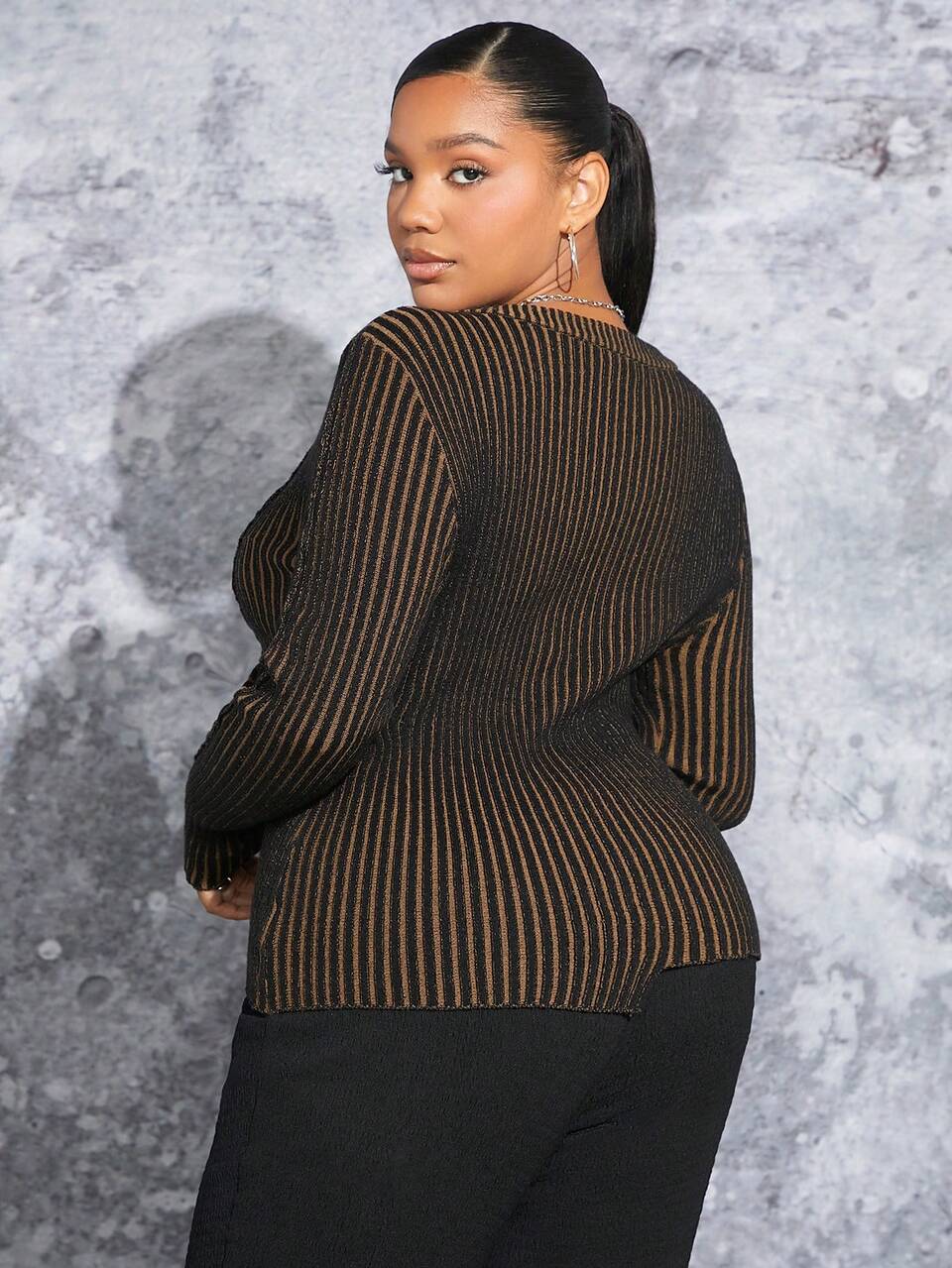 Plus Striped Pattern Asymmetrical Hem Sweater