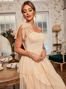 Simplee One Shoulder Frill Trim Mesh Overlay Dress - Apricot - View 3