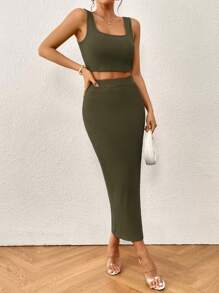 SHEIN Privé Solid Tank Top & Split Thigh Skirt - Army Green - View 4