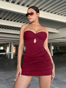 SHEIN SXY Twist Front Cut Out Tie Backless Ruched Tube Bodycon Dress - Burgundy - View 5