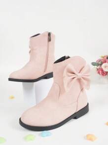 新款秋冬重型平底舒適防滑女童大蝴蝶結靴子，非常適合萬聖節和聖誕節派對 - 粉色 - 查看 1