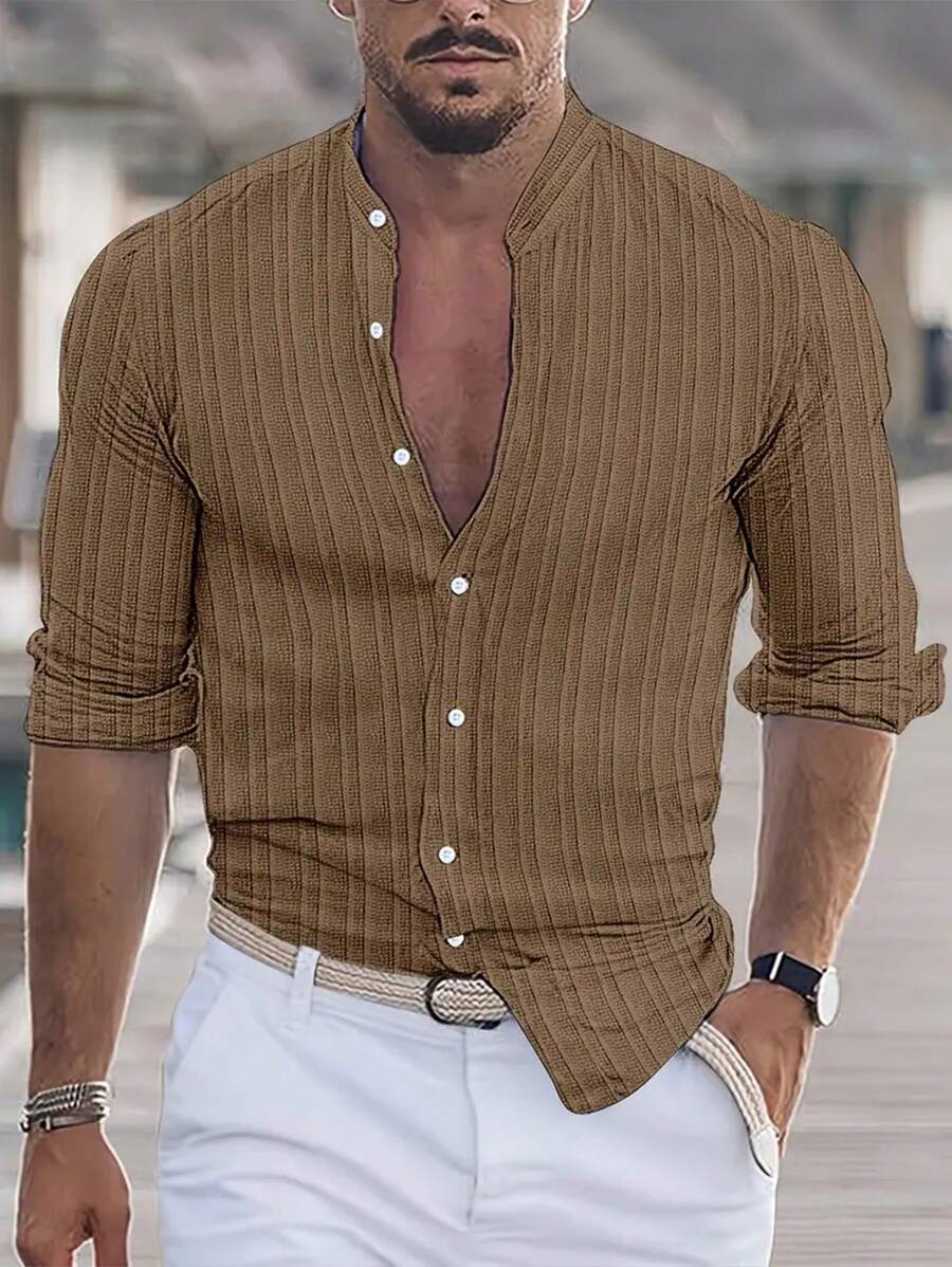 Men Solid Button Up Shirt - Brown - View 1