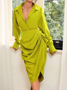 SHEIN Privé Vestido unicolor fruncido bajo asimétrico - Verde - Ver 1