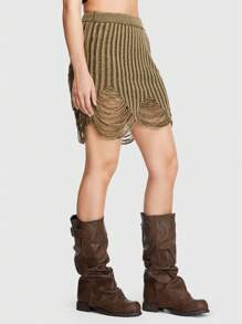 ROMWE Grunge Punk Summer Crochet Solid Ripped Sweater Skirt - Camel - View 7