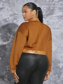 SHEIN SXY Plus Flap Detail Drop Shoulder Mixed Media Jacket - Brown - View 2
