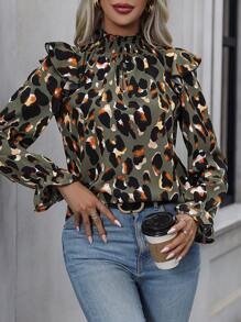 EMERY ROSE Allover Print Ruffle Trim Flare Sleeve Blouse - Dark Green - View 1