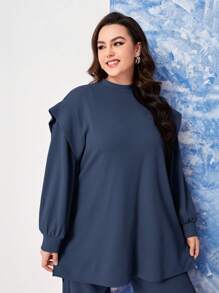 Mulvari Plus Mock Neck Drop Shoulder Split Hem Top & Wide Leg Pants - Navy Blue - View 5