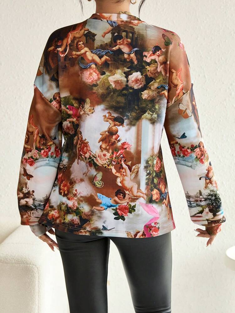 Maternity Figure And Floral Print Drop Shoulder Split Hem Sweatshirt, For Winter