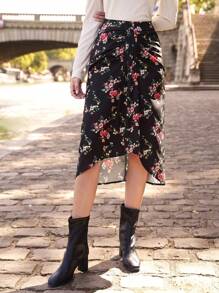 SHEIN Frenchy 印花荷葉邊不對稱下擺半身裙 - 黑色 - 查看 1