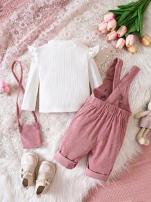 Baby Girl Solid Tee & Cartoon Embroidery 3D Ear Design Overall Jumpsuit - Pink - View 2