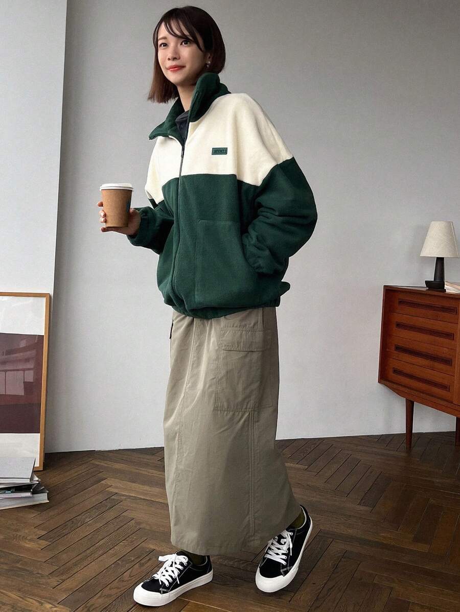 FRIFUL Two Tone Letter Patched Detail Drop Shoulder Zipper Fleece Coat