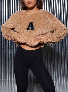 SHEIN EZwear Letter Patched Drop Shoulder Sweatshirt - Brown - View 1