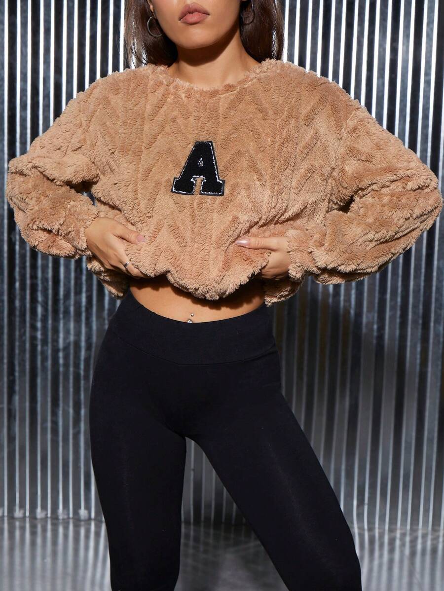 SHEIN EZwear Letter Patched Drop Shoulder Sweatshirt - Brown - View 1