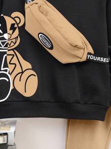 SHEIN Conjunto de Moletom com Capuz de Pelúcia de Urso para Meninos Pré-Adolescentes e Calça de Moletom com Bolso Canguru e Bolsa Transversal com Alça Suspensória com Estampa em Inglês, Flanelado Reforçado