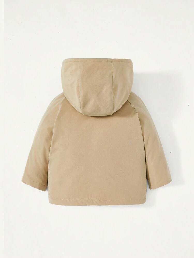 Baby Boy Letter Patched Detail Raglan Sleeve Hooded Thermal Lined Coat