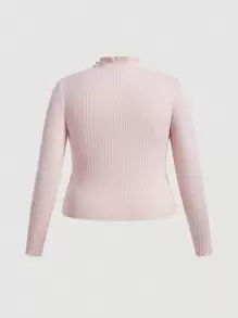 SHEIN MOD Plus Frill Trim Ribbed Knit Sweater - Pink - View 2
