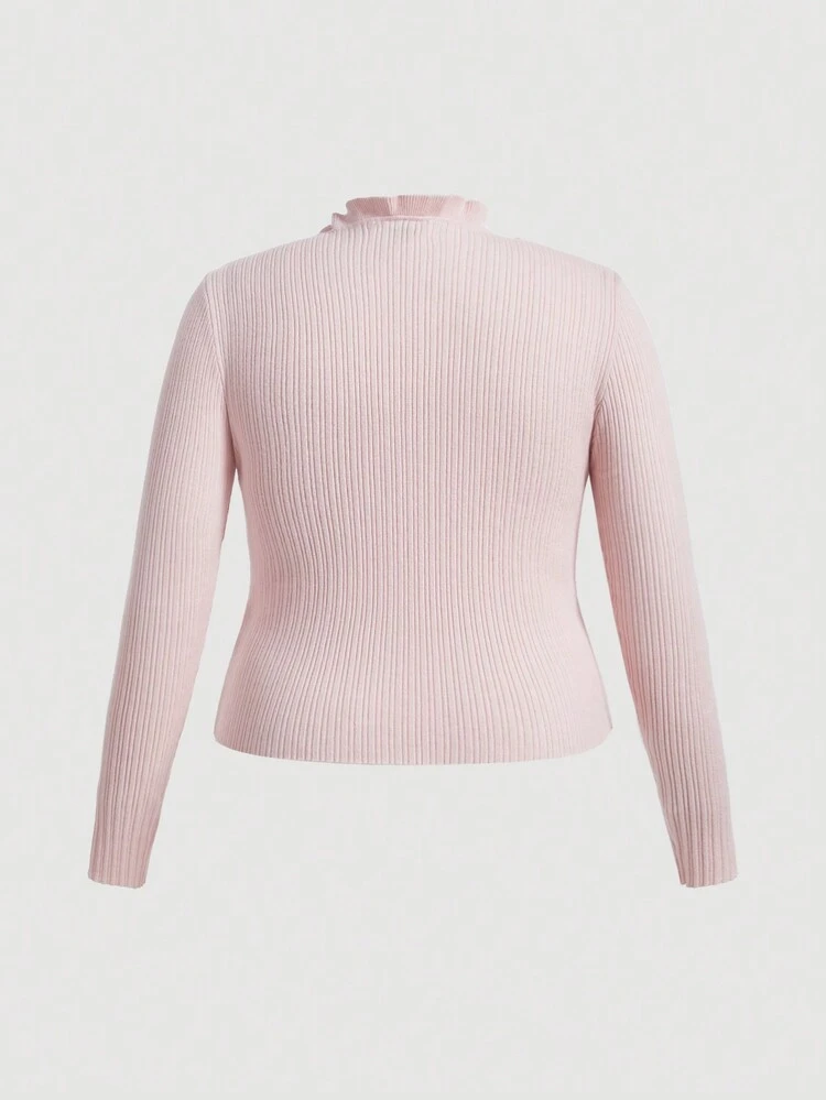 Plus Frill Trim Ribbed Knit Sweater