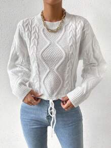 SHEIN Essnce Cable Knit Drop Shoulder Drawstring Hem Sweater - White - View 1