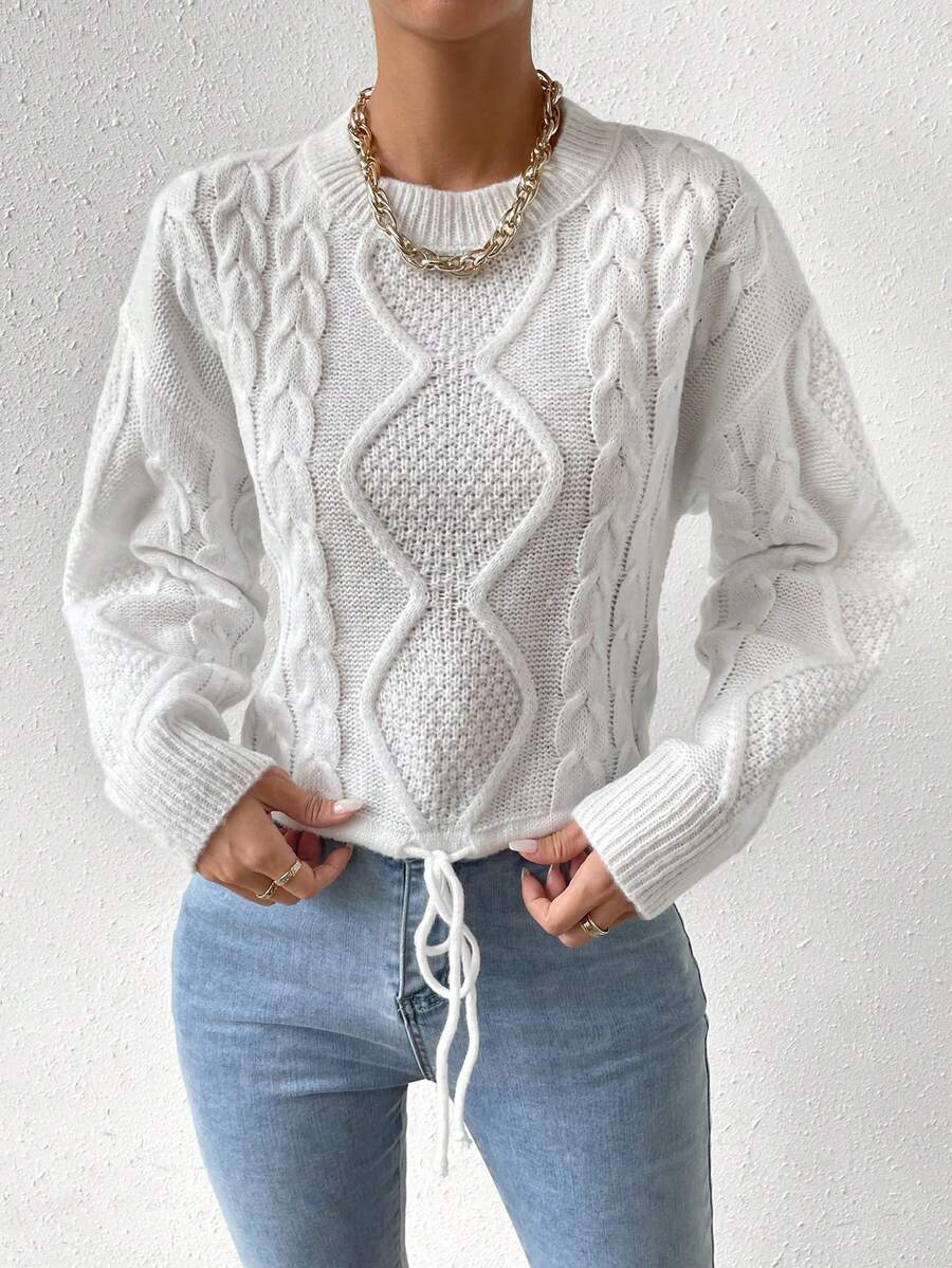SHEIN Essnce Cable Knit Drop Shoulder Drawstring Hem Sweater - White - View 1