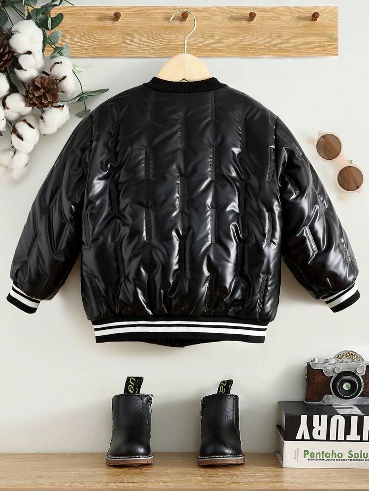 Young Boy Striped Trim Teddy Lined PU Leather Jacket