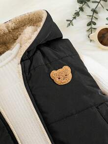 SHEIN 男嬰 1 入組熊刺繡 3D 耳朵設計連帽抓絨背心夾克 - 黑色 - 查看 11