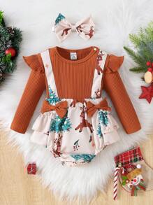 Baby Girl Christmas Print Ruffle Trim Bow Front 2 In 1 Bodysuit & Headband - Yellow - View 1